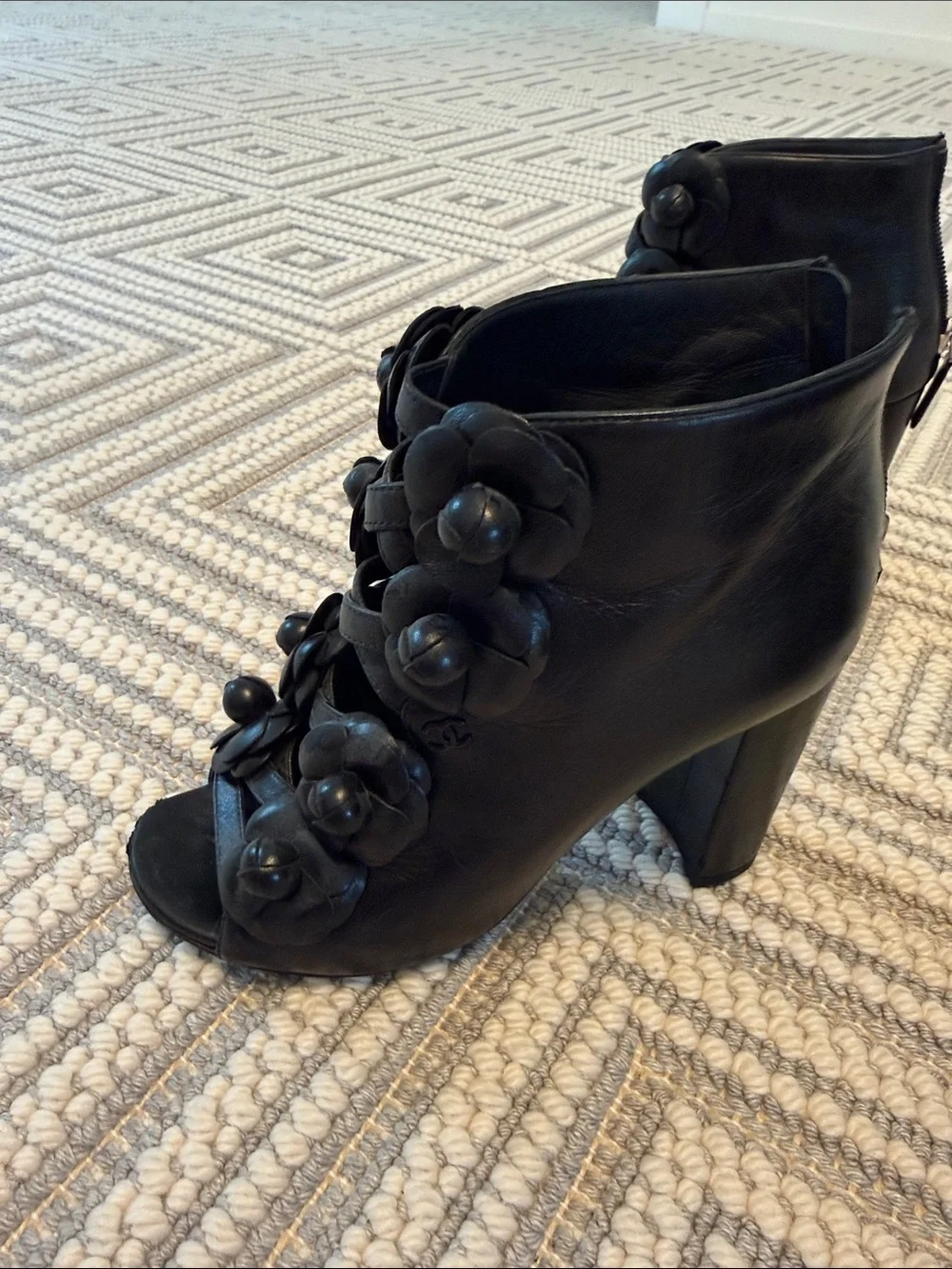 CHANEL Black Leather Floral-Embellished Strappy Heels